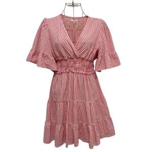 MAX STUDIO Gingham Plaid Smocked Waist Flutter Sleeve Tiered Dress Cotton Size S